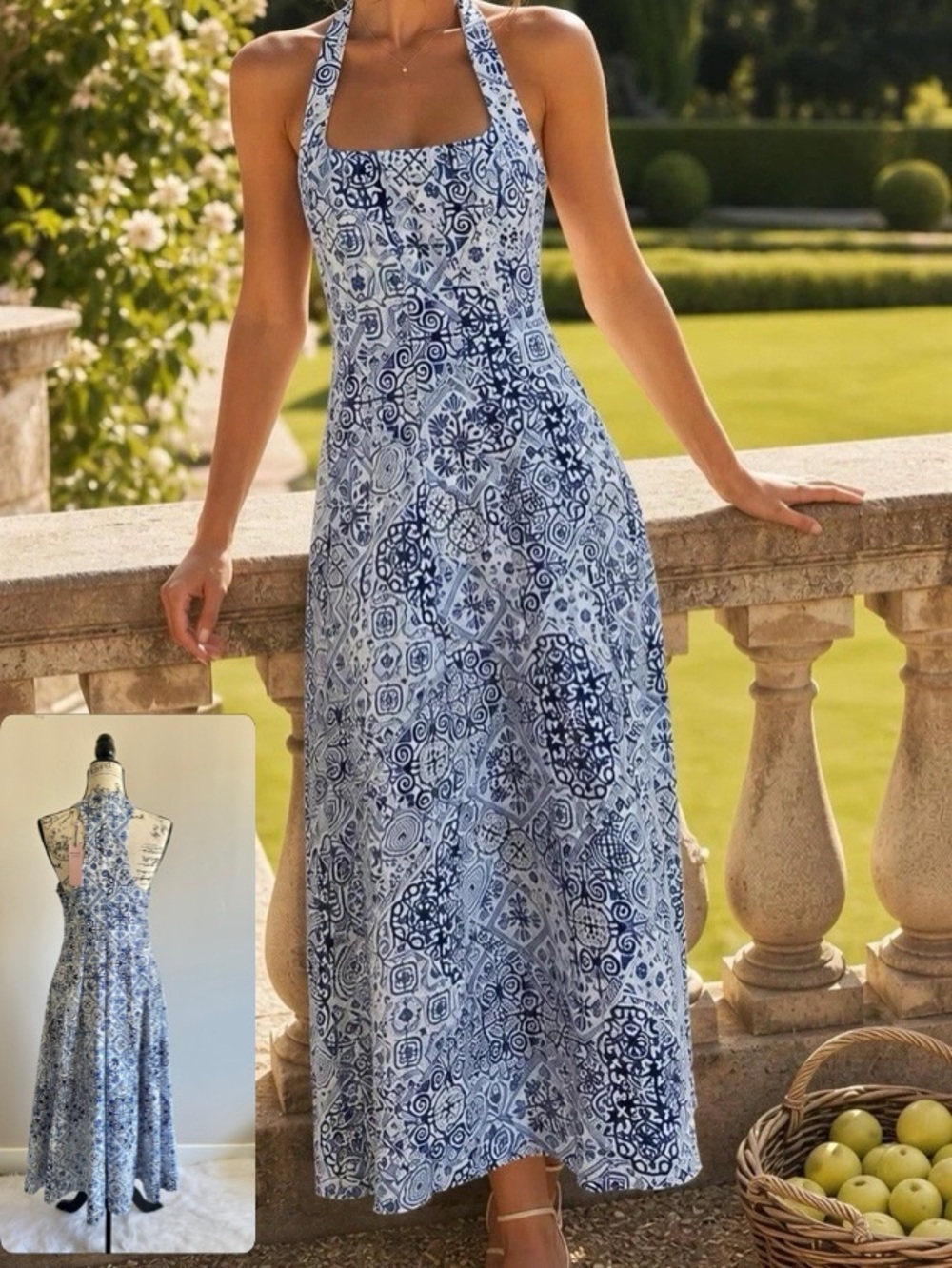 Avec Les Filles Blue and White Patterned Halter Neck Maxi Dress Size 8 NWT - Picture 2 of 15